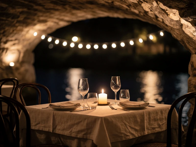 Candlelit riverside restaurant table set for two beneath an arched stone overhang