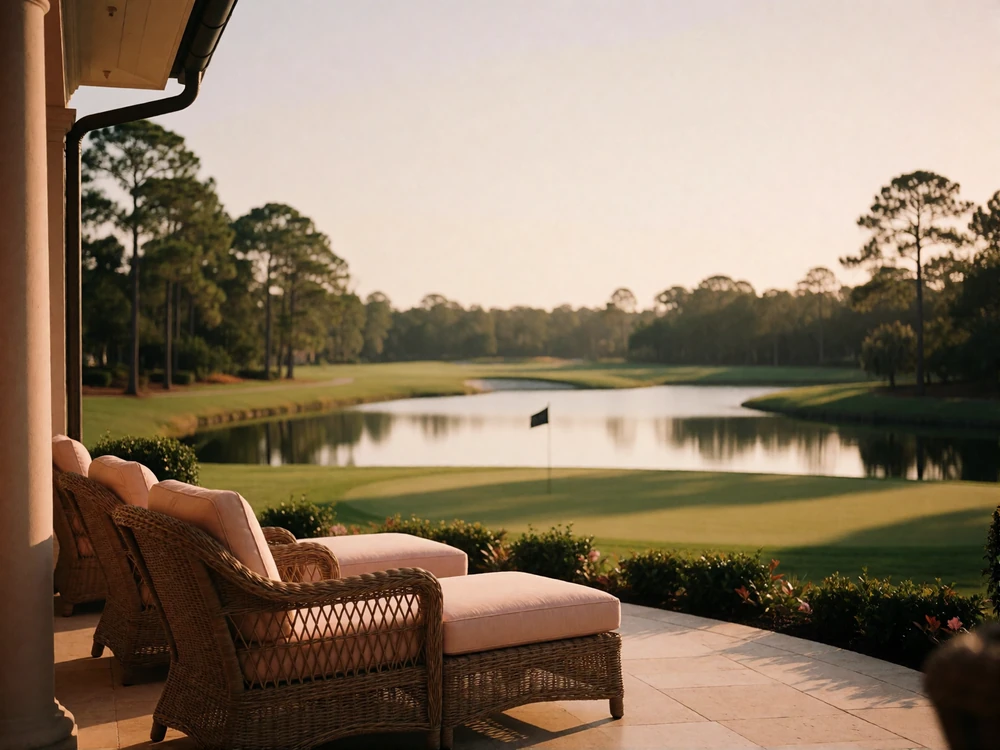 Private Central Florida golf clubhouse veranda overlooking fairways, tall pines and a still lake at late afternoon