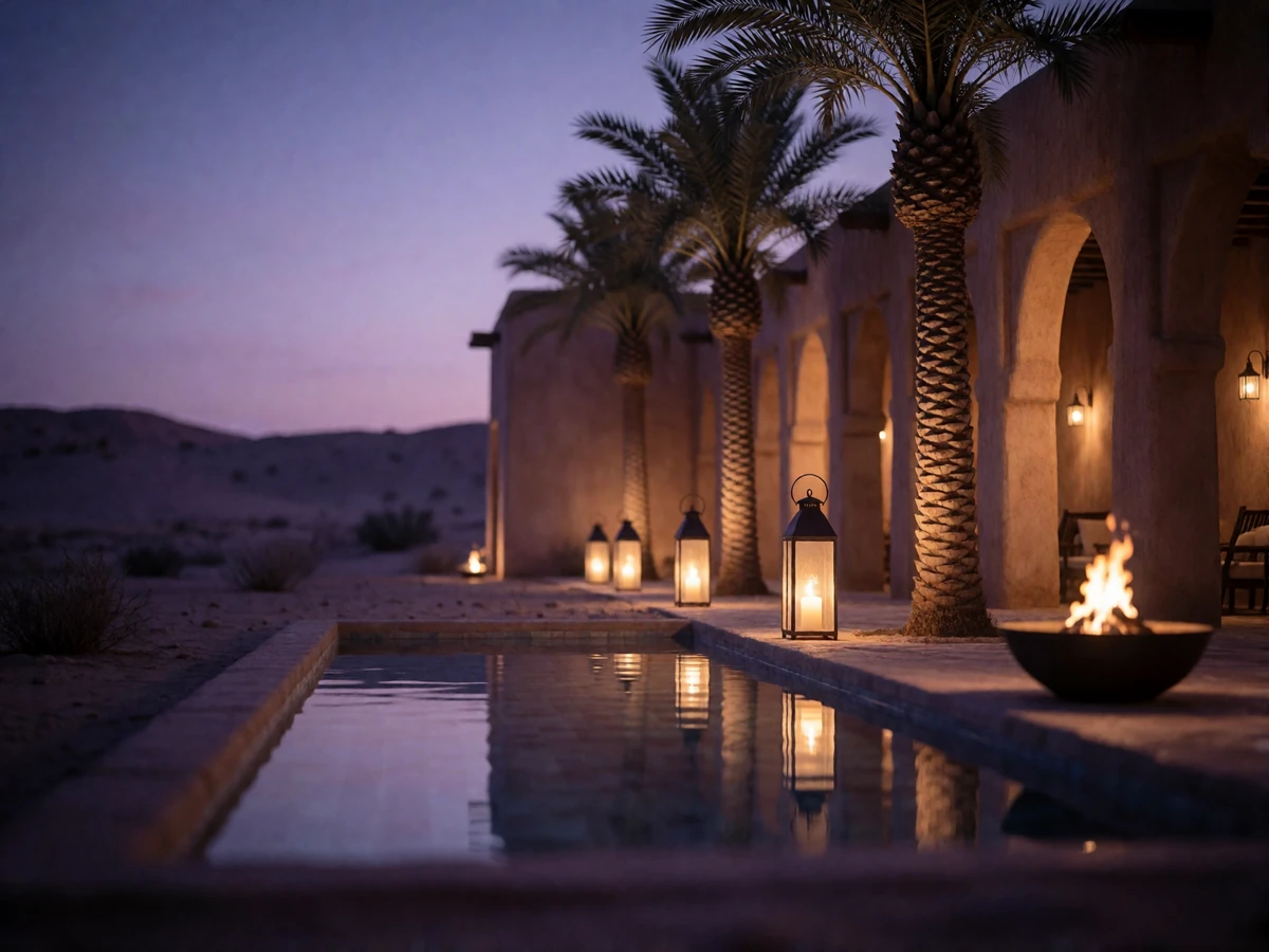 Desert resort courtyard in Scottsdale at dusk with a reflecting pool, lanterns and palms