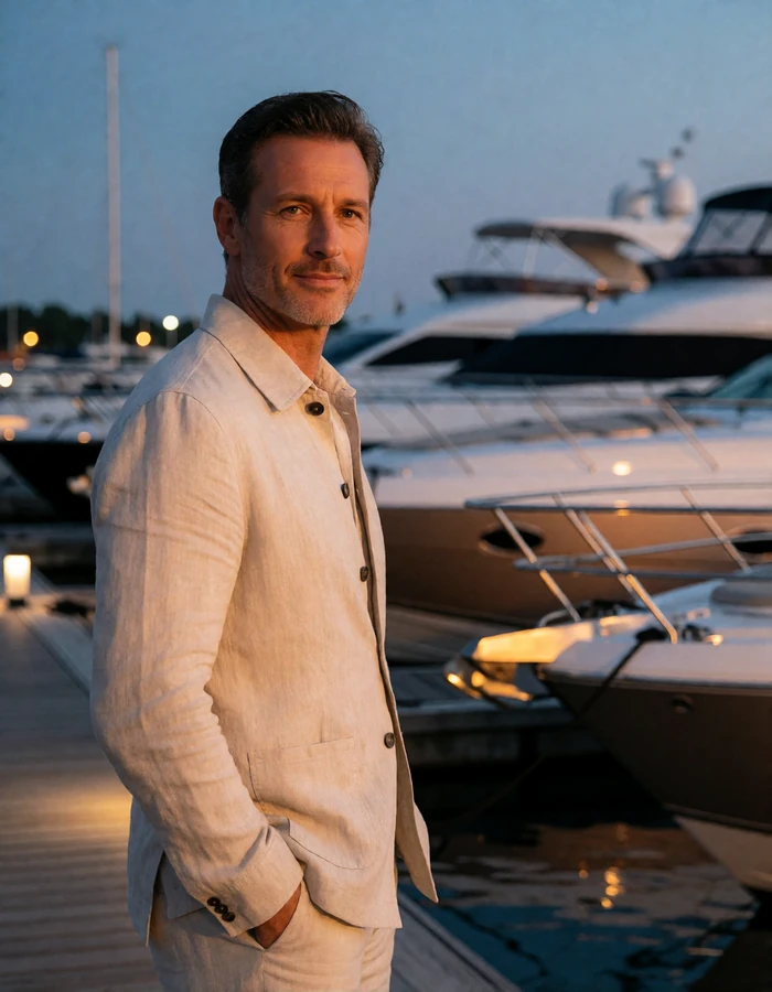 Man in a light linen jacket standing on a marina boardwalk at golden hour, an illustrative sugar daddy profile portrait