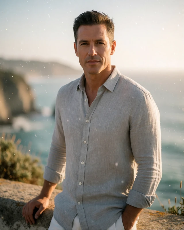 Well-groomed man in a light linen shirt at a coastal overlook, an illustrative Los Angeles member profile portrait