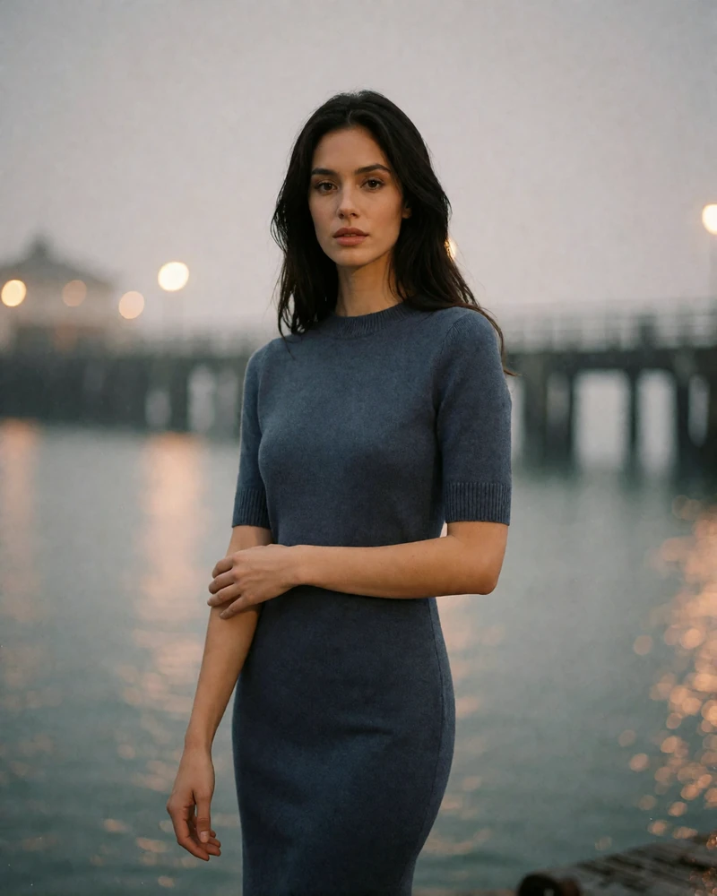 Woman with long dark hair in a fitted slate-grey knit dress near the Seattle waterfront, an illustrative member profile portrait