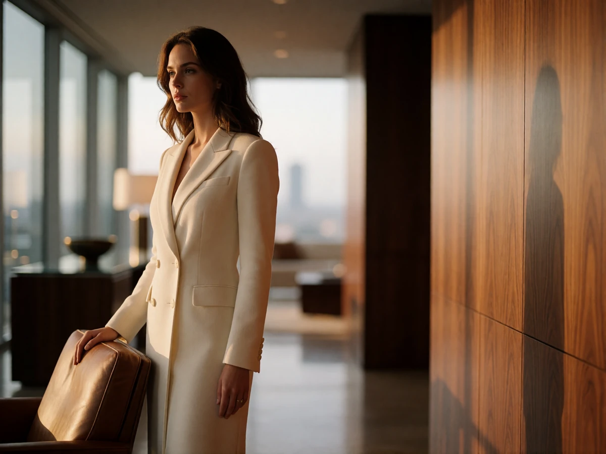 Composed woman in a tailored cream blazer dress standing in a modern Dallas penthouse interior