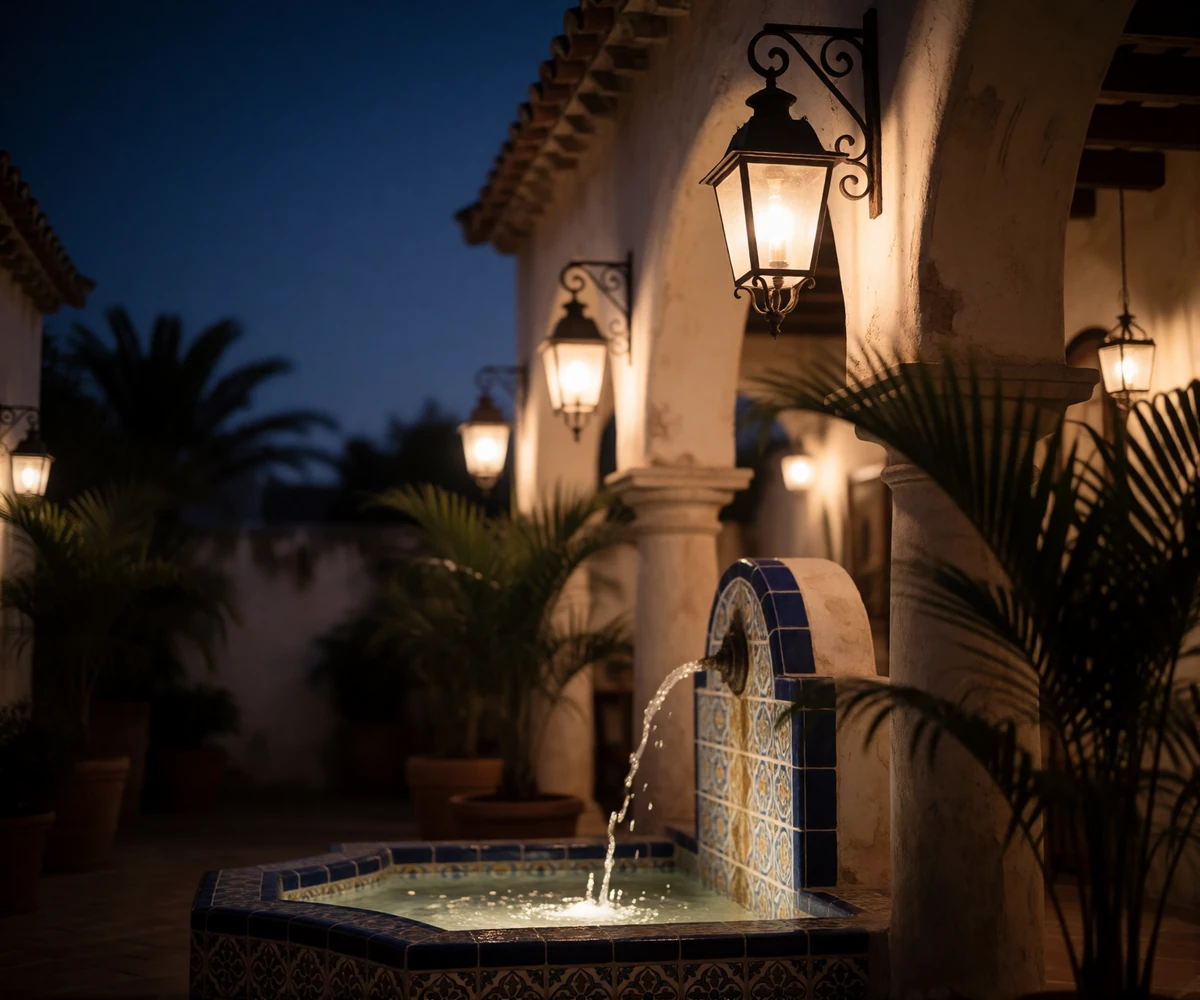 Warm boutique hotel courtyard with a tiled fountain and arched colonnades at dusk in San Antonio