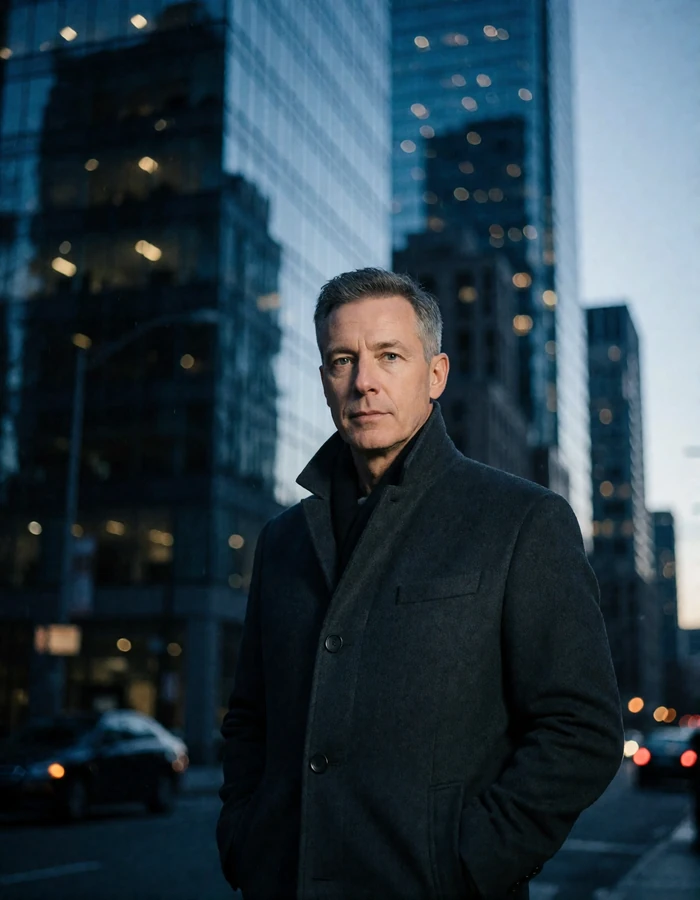Man in his early fifties in a charcoal overcoat standing on a blue-hour downtown street, an illustrative Denver member portrait