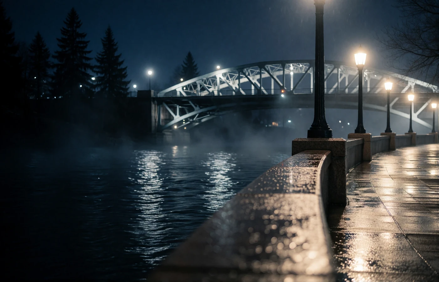 Riverfront promenade in Portland at night with a lit steel bridge reflecting on the water