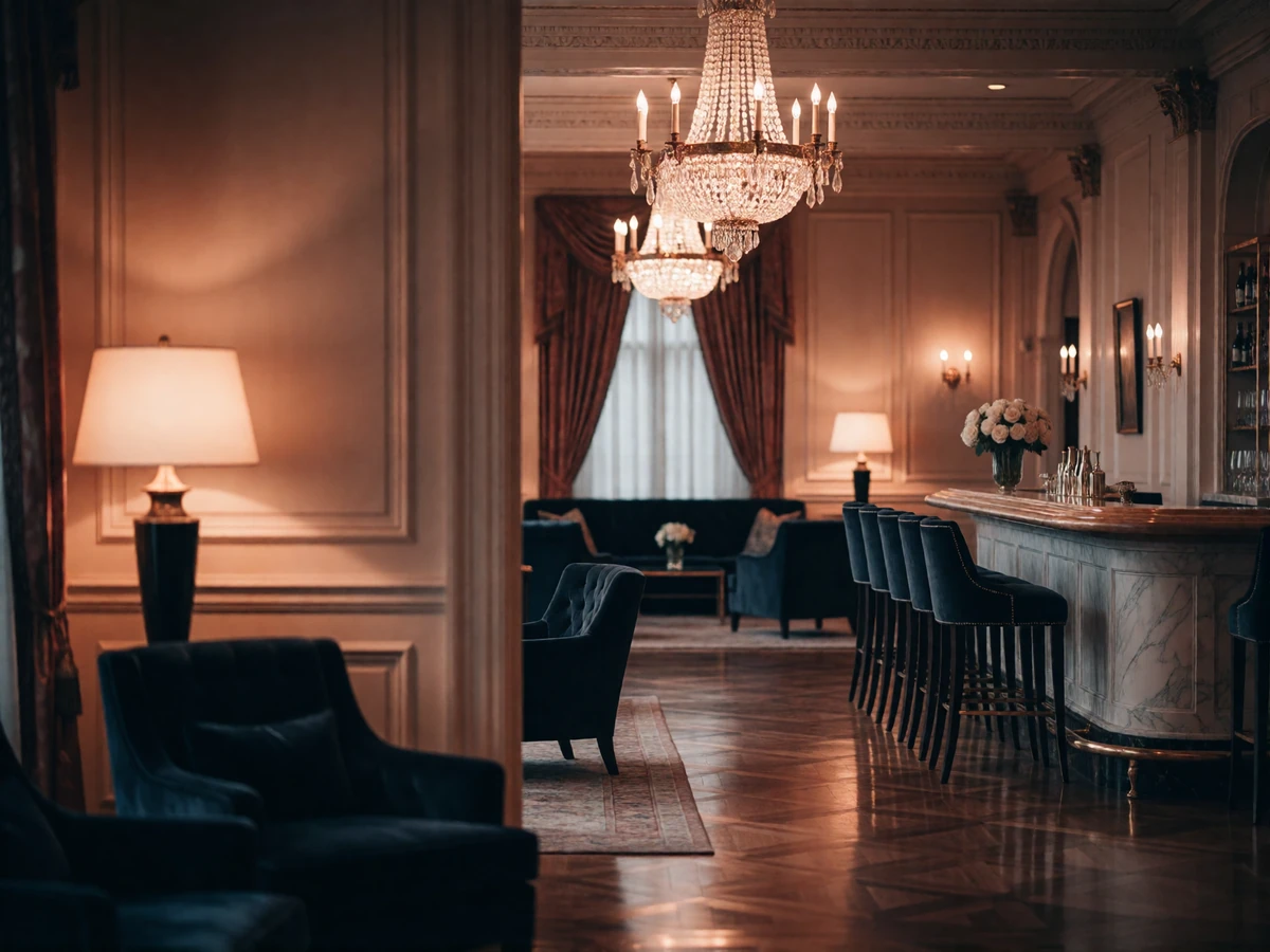 Opulent historic Chicago hotel lounge with a crystal chandelier and velvet armchairs, a setting for discreet sugar dating introductions