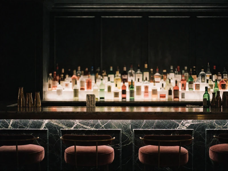 Intimate cocktail lounge with a marble bar and low velvet stools near Highland Park, Dallas