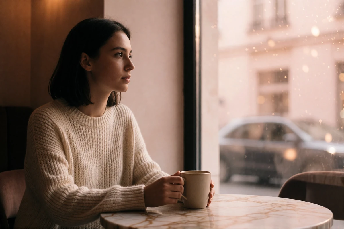 Young woman in a cream knit sweater seated at a marble café table by a window, illustrating privacy-conscious sugar dating communication