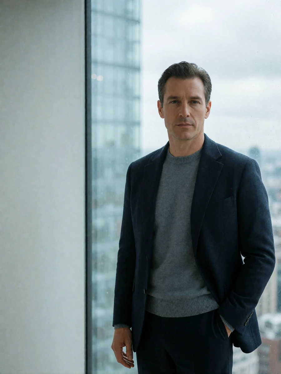 Man in a navy blazer standing beside a floor-to-ceiling window in a minimalist high-rise, an illustrative Boston member profile portrait