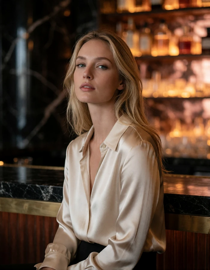 Blonde woman in a cream satin blouse seated at a dark marble hotel bar, an illustrative sugar baby profile portrait