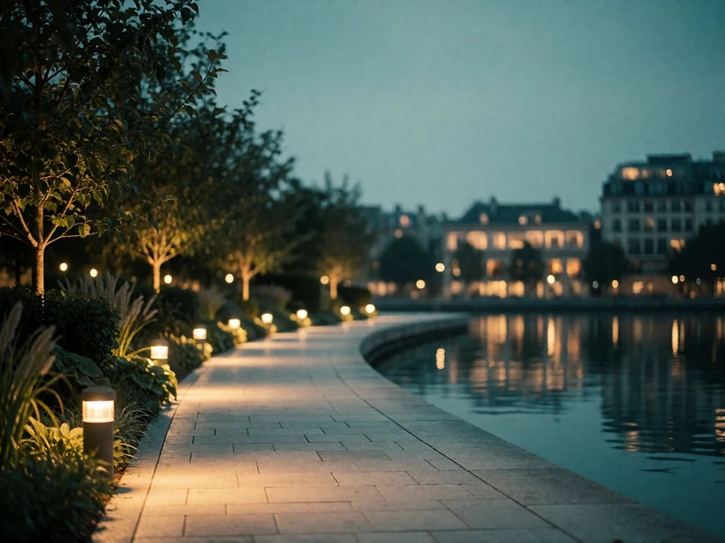 Landscaped urban waterfront path at dusk with warm lights, a quiet Houston setting for an honest conversation