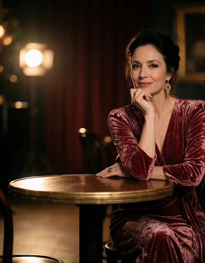 Woman in a wine-red velvet dress seated in a dim jazz bar, an illustrative cougar dating profile portrait