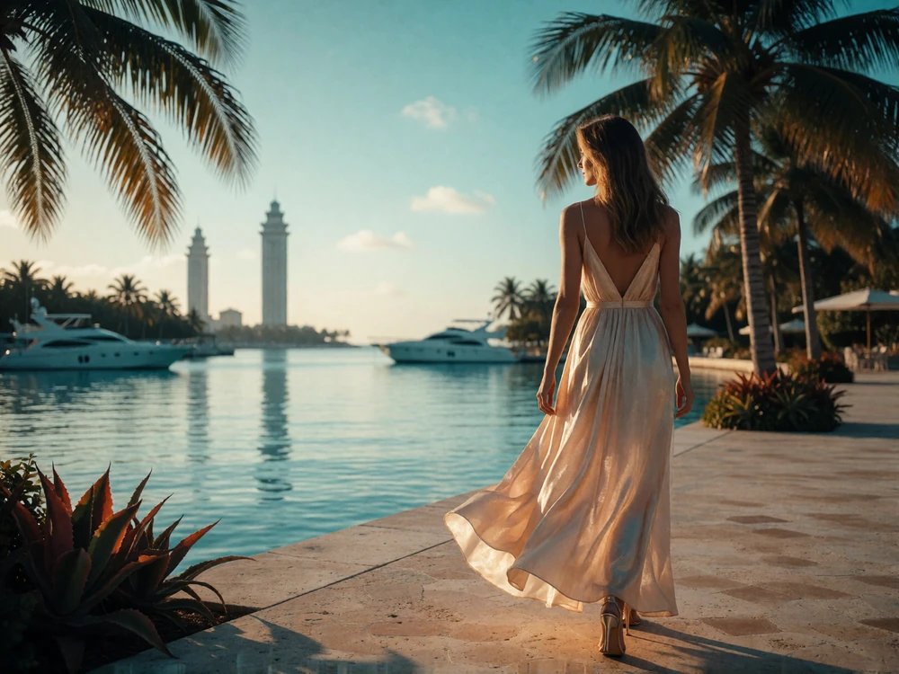Elegant woman in a flowing dress walking a waterfront promenade with moored yachts and calm bay water