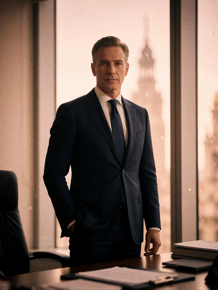 Man in a navy suit standing beside an office window overlooking Dallas, an illustrative member profile portrait