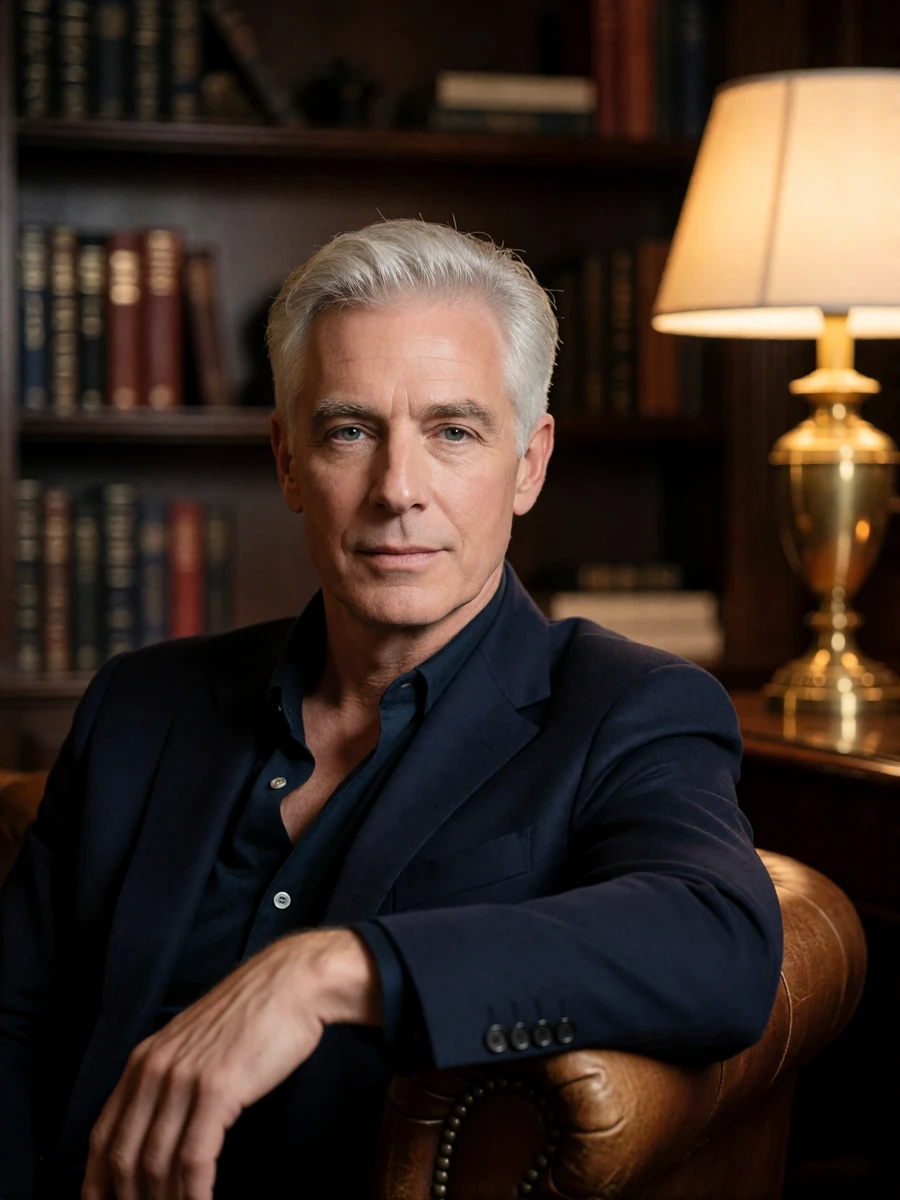Silver-haired man in a navy blazer seated in a private club study, an illustrative Atlanta member profile portrait