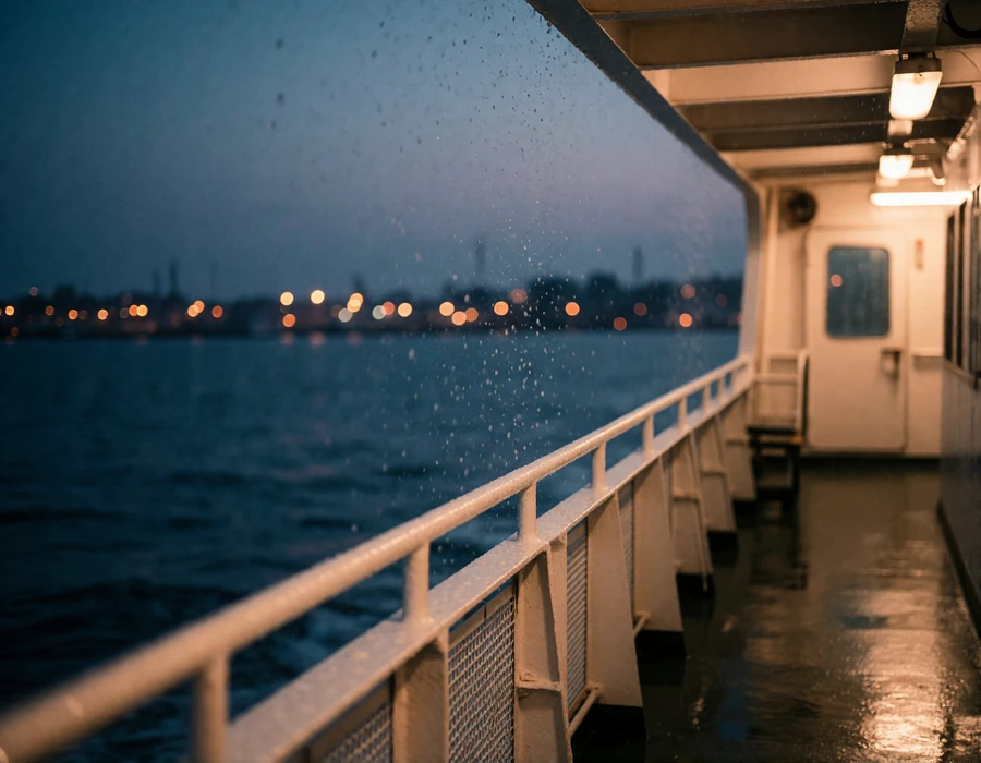 Empty upper ferry deck with a wet steel railing overlooking dark harbor water and a distant skyline at blue hour