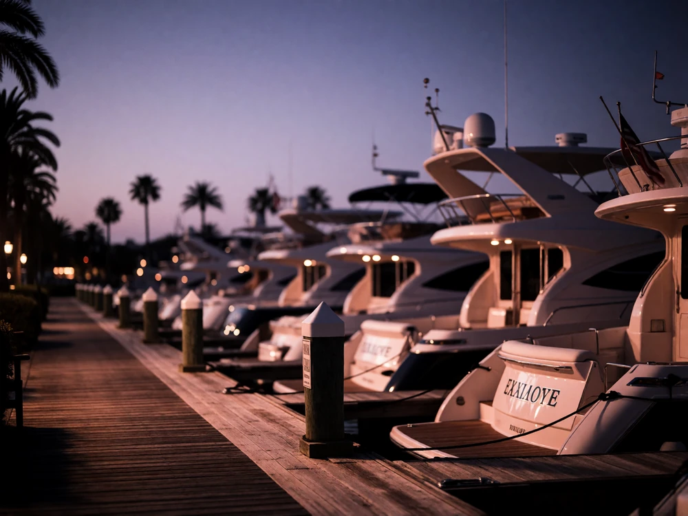 Private marina boardwalk at dusk with moored yachts and soft cabin lights along the San Diego waterfront