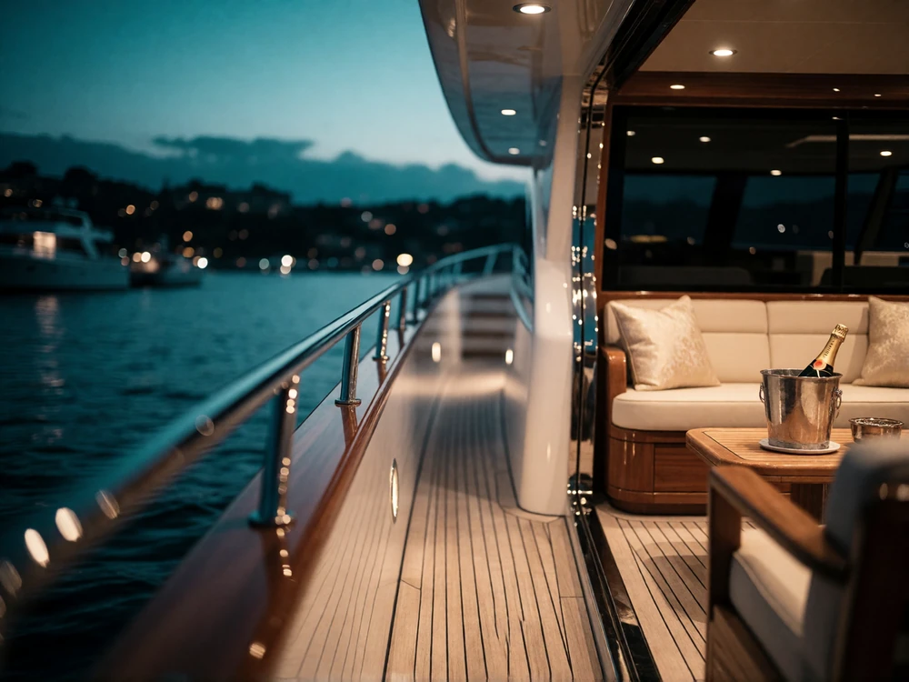Open teak yacht deck at dusk with cushioned seating and a champagne bucket overlooking San Diego Bay