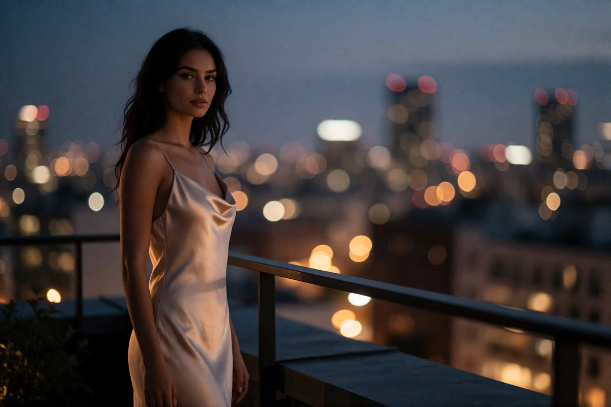 Poised woman in a champagne slip dress standing at a rooftop terrace railing at dusk, city lights softly blurred behind her