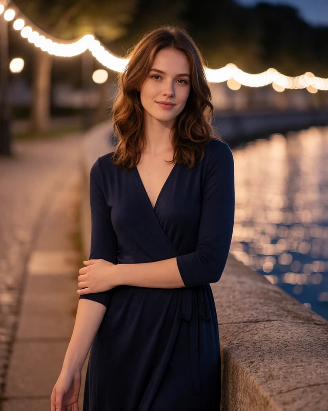 Woman with wavy chestnut hair in a navy wrap dress by softly lit riverside lights, an illustrative Riverwalk member profile portrait