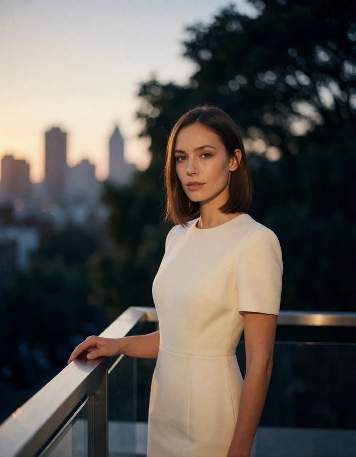 Woman with a sleek bob in an ivory tailored dress, an illustrative Buckhead member profile portrait