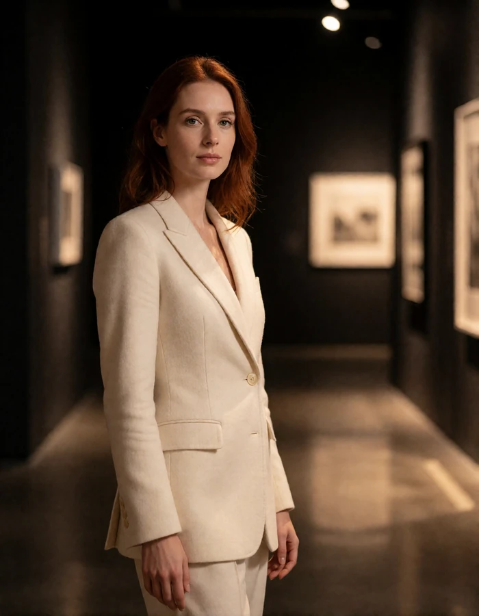 Auburn-haired woman in an ivory blazer in a dimly lit contemporary art gallery, an illustrative member profile portrait