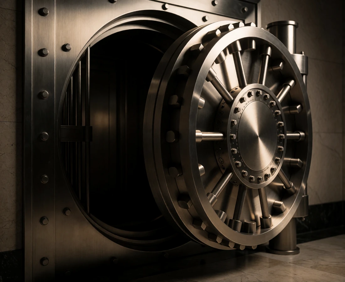 Polished steel bank vault door standing partly open, representing encrypted data storage and member privacy