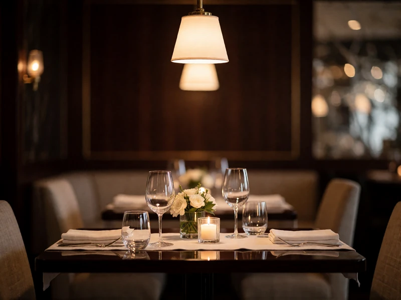 Set dining table for two with linen, crystal stemware and candlelight in a refined Manhattan restaurant