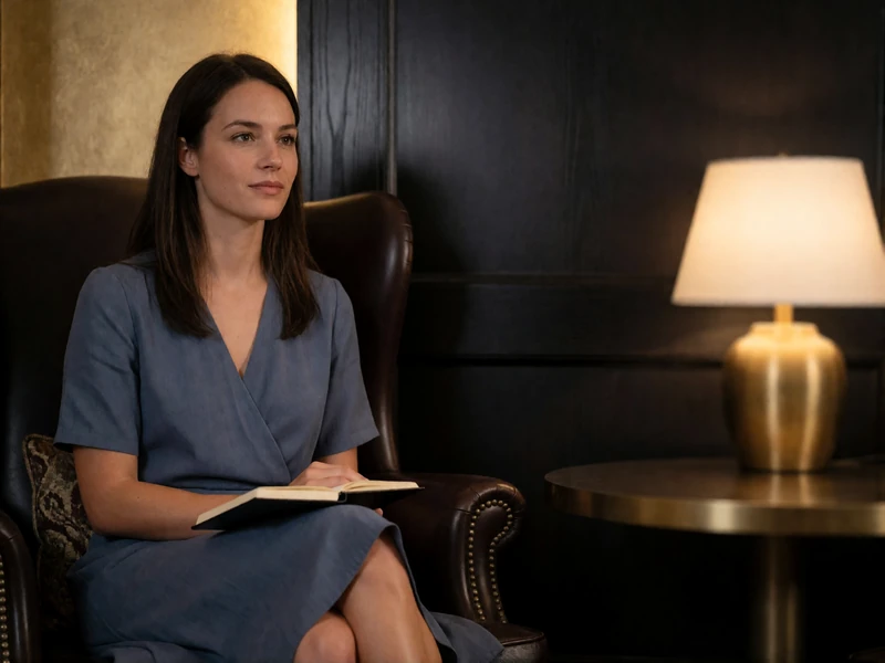 Woman listening attentively in a wingback chair in a dim members' lounge, a closed notebook resting on her lap