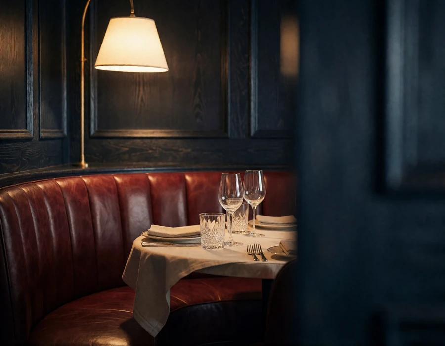 Private leather booth in an upscale Atlanta steakhouse with crystal stemware and warm pendant lighting