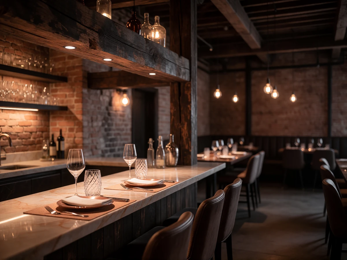 Warm loft-style dining room in LoDo Denver with a chef's counter and hanging bulb lighting, a typical local first-date setting