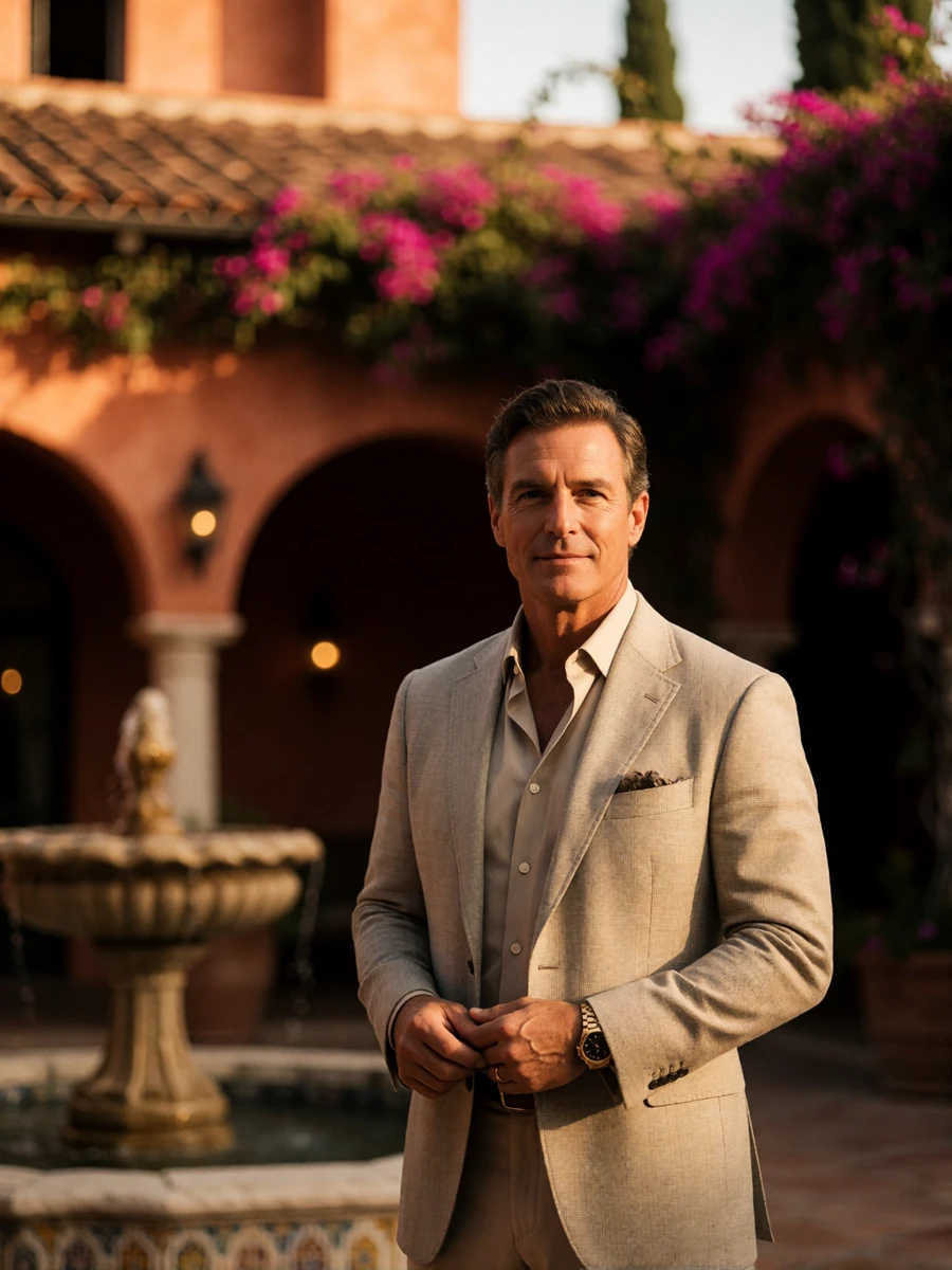 Distinguished man in a light grey sport coat in a Spanish-style villa courtyard, an illustrative San Diego member profile portrait