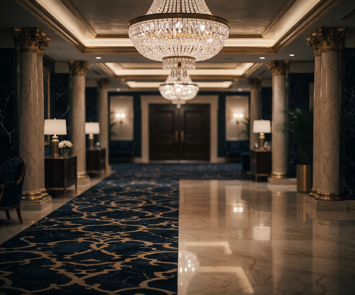 Grand resort hotel lobby in Las Vegas with a crystal chandelier and marble floor, the setting many local introductions begin in