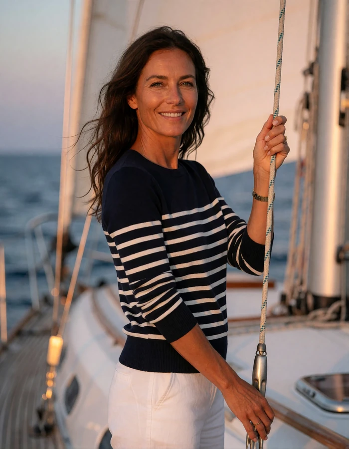 Tanned woman in her forties in a navy striped top smiling on a sailing yacht deck, an illustrative sugar mama profile portrait
