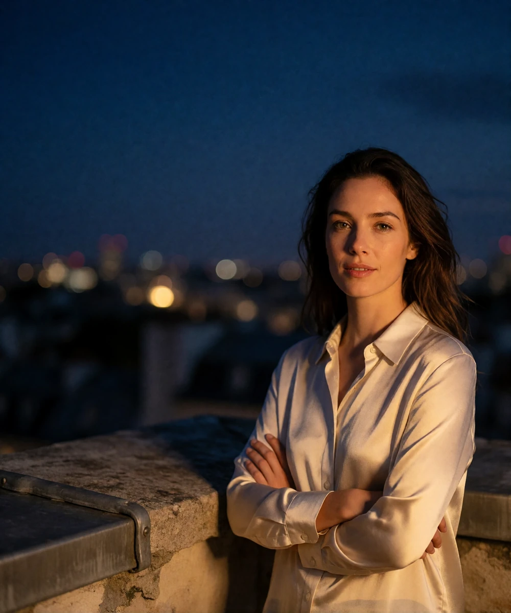 Self-possessed woman in an ivory silk shirt standing on a private rooftop terrace at dusk, meeting the camera with a calm gaze