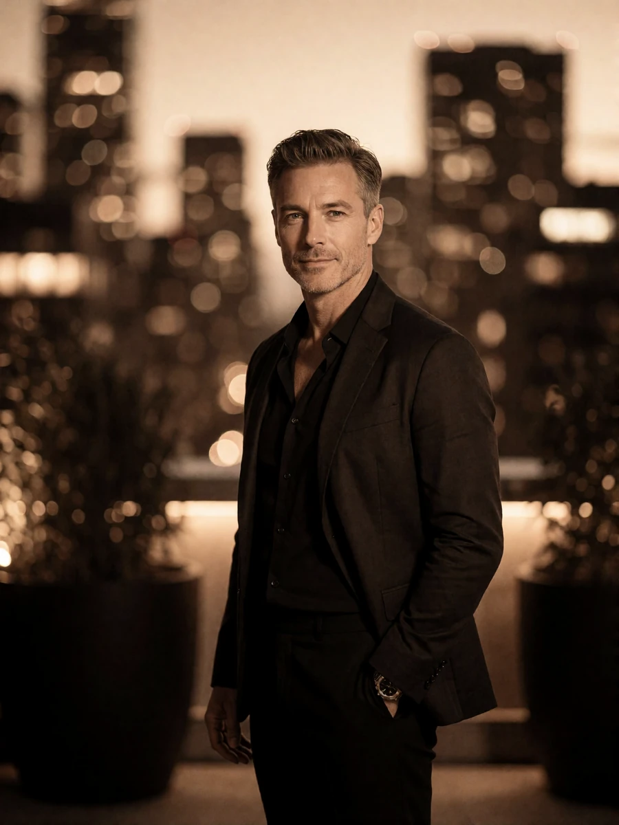 Well-groomed man in a dark open-neck shirt on a rooftop terrace at evening, an illustrative Atlanta member profile portrait