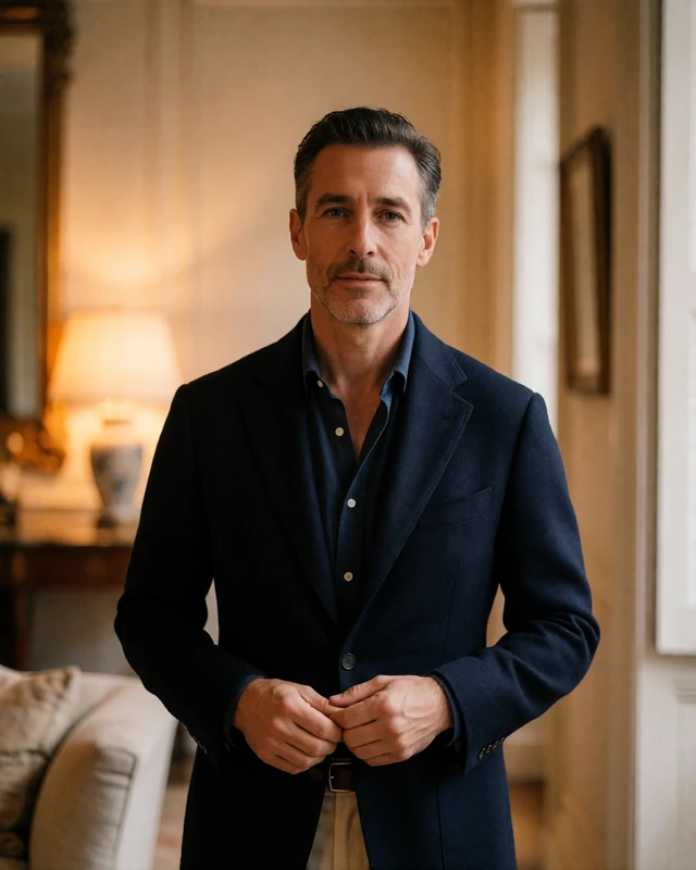 Refined man in a navy blazer in a warm upscale interior, an illustrative sugar baby member profile portrait