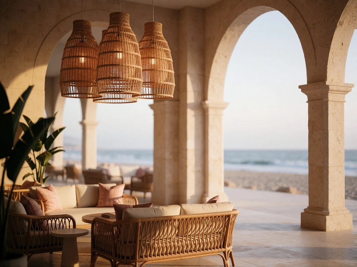 Open-air coastal resort lounge in San Diego with rattan seating and ocean-view arches at golden hour