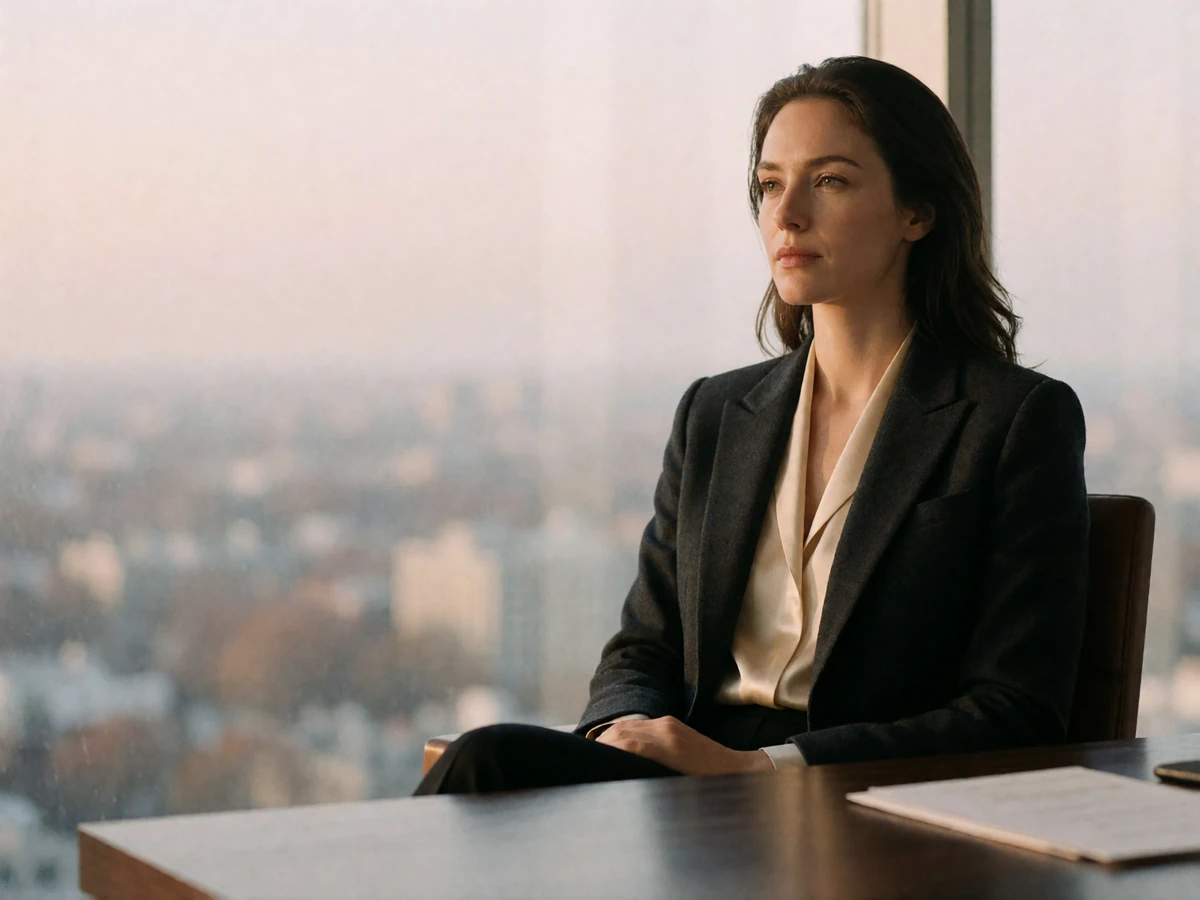 Businesswoman in a charcoal blazer at a walnut desk in a sunlit penthouse office overlooking a hazy city skyline