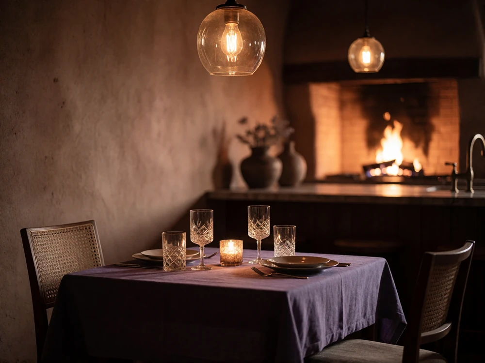 Refined Scottsdale dining room with a candlelit table set for two and a glowing open kitchen