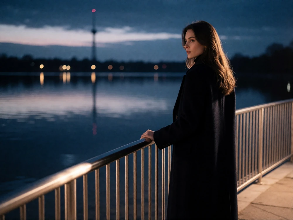 Woman in a long dark coat standing at a lakefront railing overlooking Chicago's illuminated skyline at dusk
