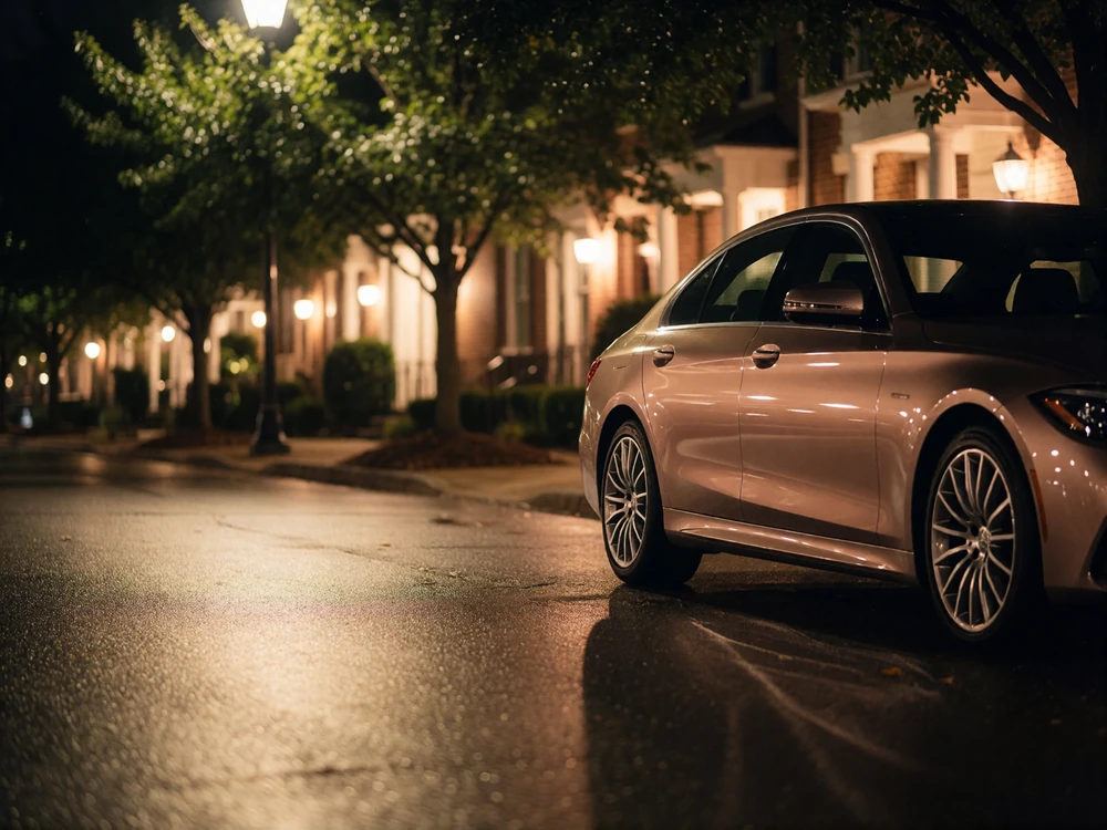 Dark luxury sedan idling at a tree-lined Atlanta curb with soft streetlight reflections