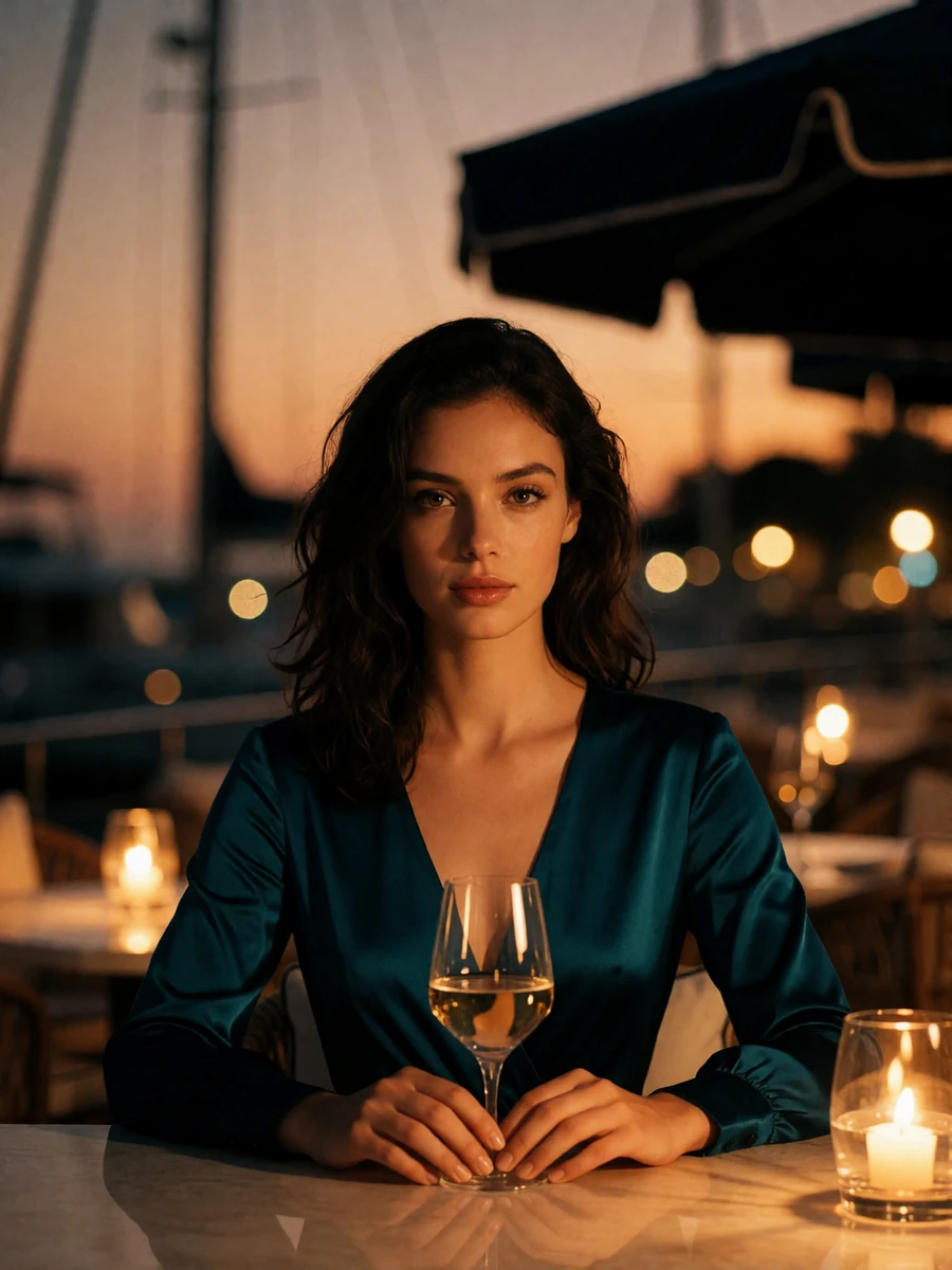 Woman with dark wavy hair in a teal satin dress at a Tampa marina-side lounge table, an illustrative member portrait