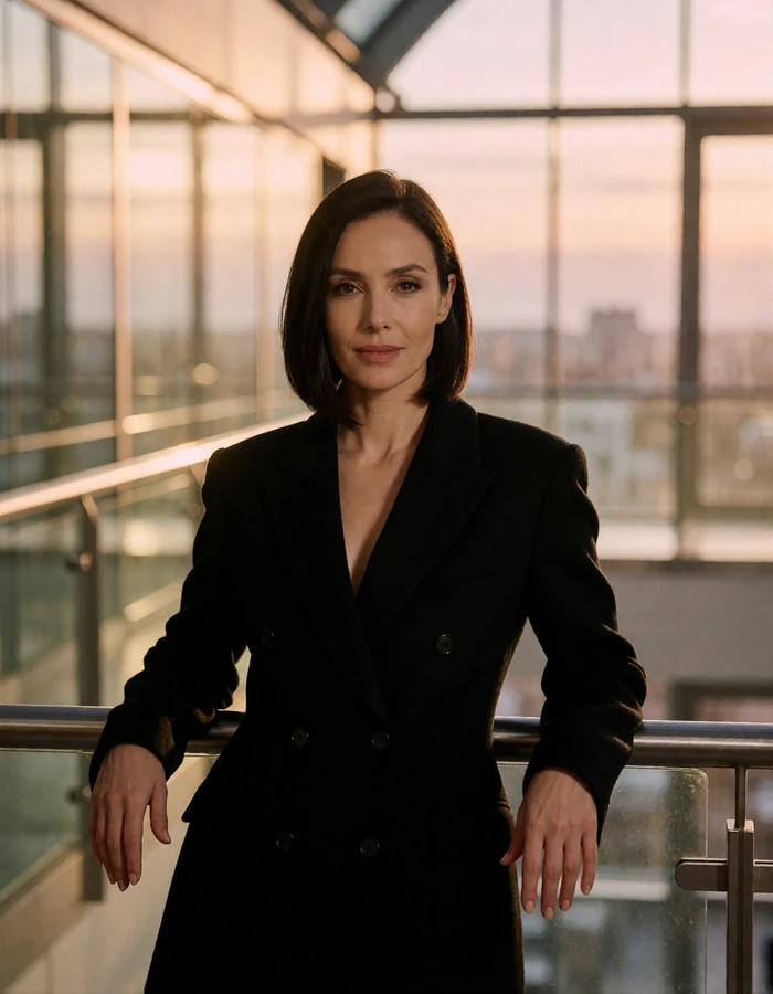 Poised woman in a black blazer standing in a glass office atrium at dusk, an illustrative sugar momma profile portrait