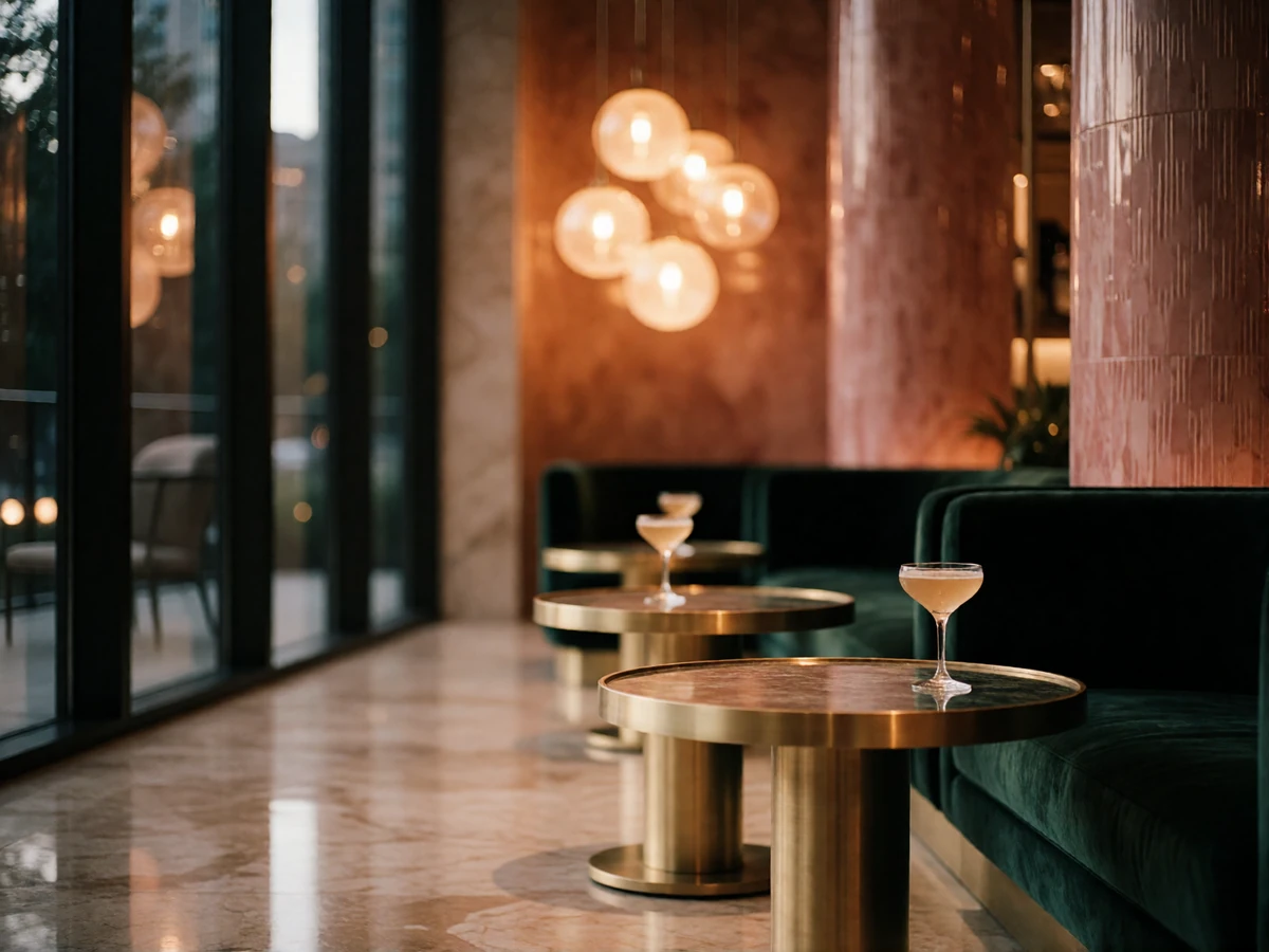 Warm boutique hotel lounge in Atlanta with brass-trimmed tables and low velvet seating, a common first-meeting setting