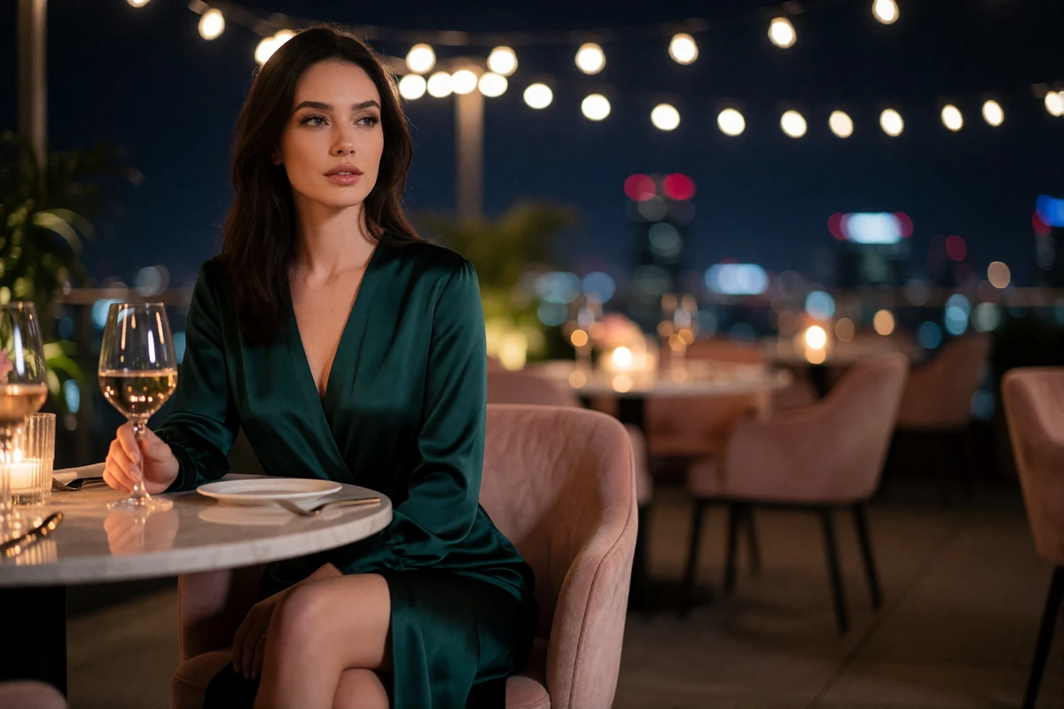 Poised woman in an emerald silk dress seated at a rooftop lounge table with the evening city skyline softly blurred behind her