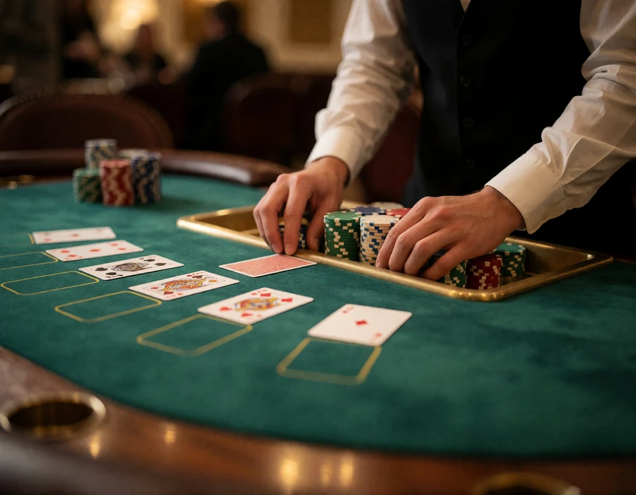 Green felt blackjack table with chips and cards, dealer in a black waistcoat at the rail