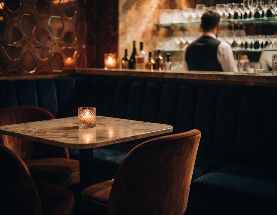 Hidden basement cocktail bar corner with marble table and candlelight