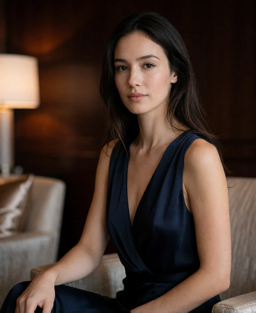 Elegant woman in a navy silk evening dress in a dim upscale hotel lounge, an illustrative sugar dating profile portrait